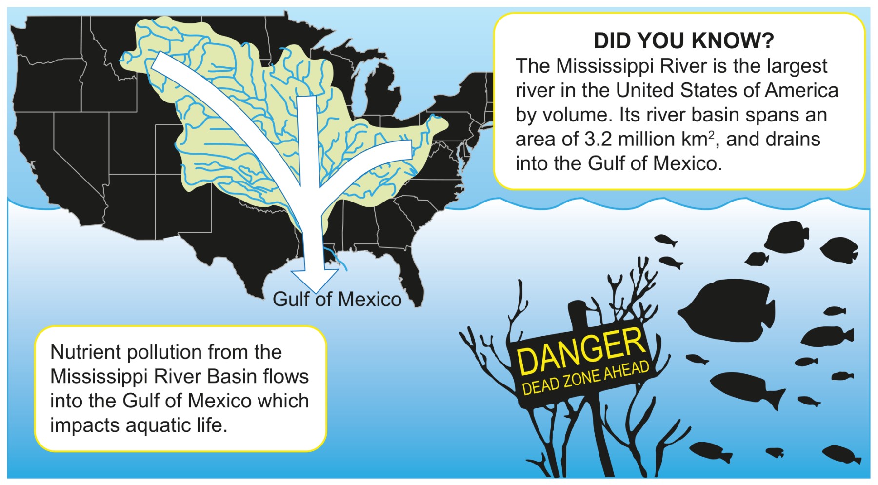 Figure Diagram showing the expanse of the Mississippi River basin draining into the Gulf of Mexico