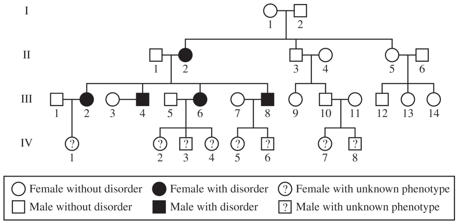 Figure 1. Pedigree of a family showing individuals with the glucose metabolism disorder. A question mark indicates that the phenotype is unknown.