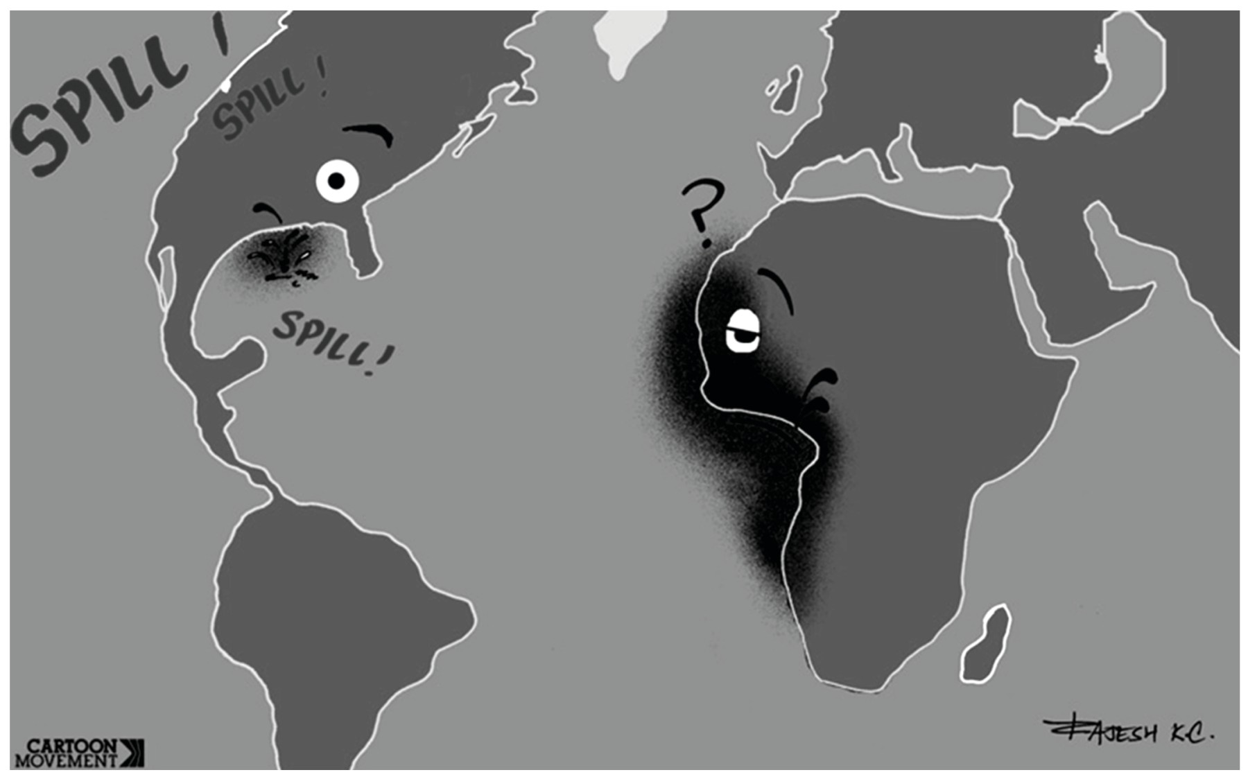 Cartoon comparing oil spills in West Africa with the 2010 BP Deepwater Horizon oil spill in the US