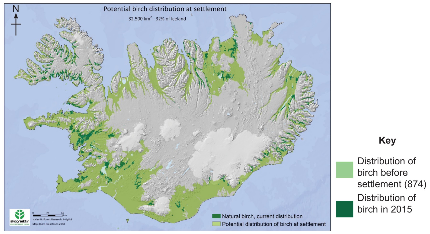 Distribution of birch forest in Iceland in 874 and 2015