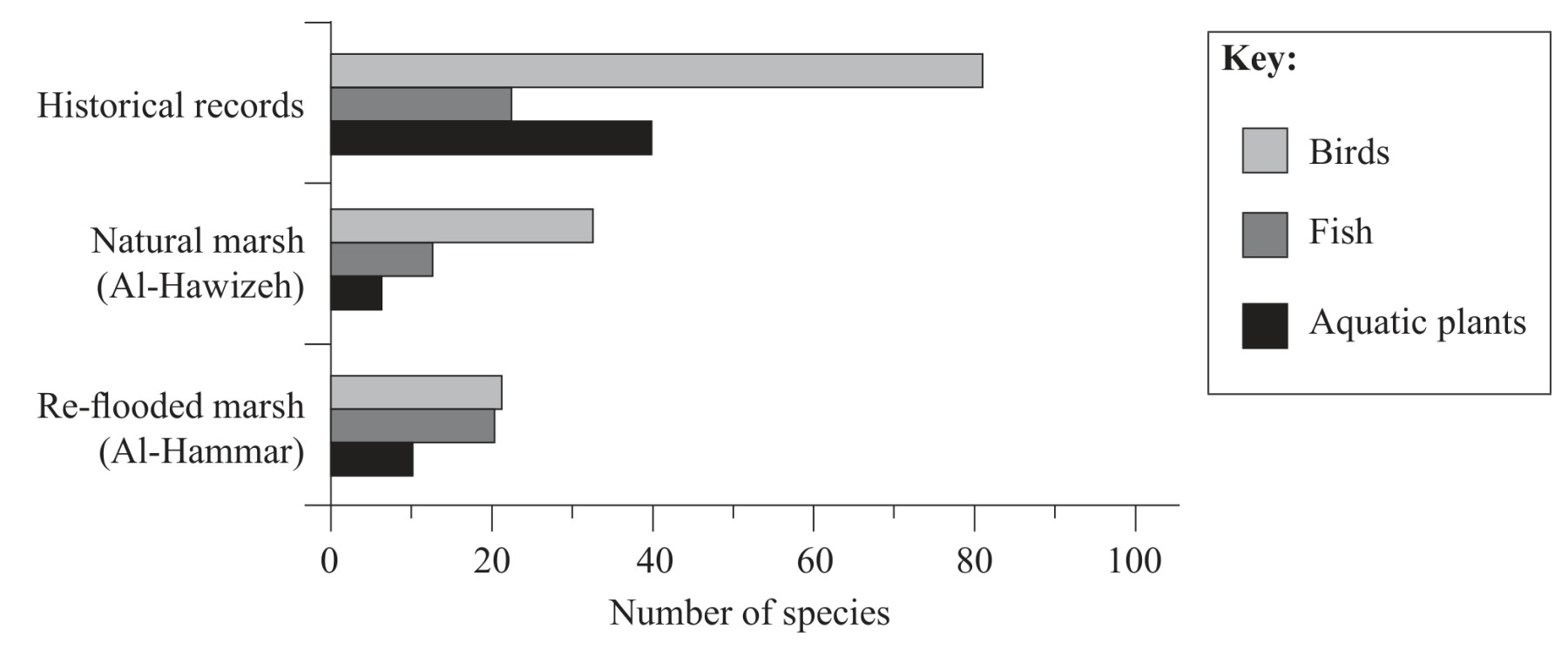 Species numbers in natural and re-flooded marshes